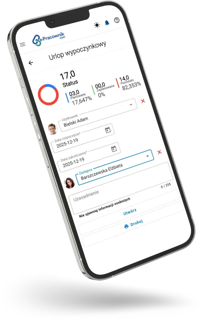 Aplikacja mobilna systemu HR e-Pracownik na telefonie